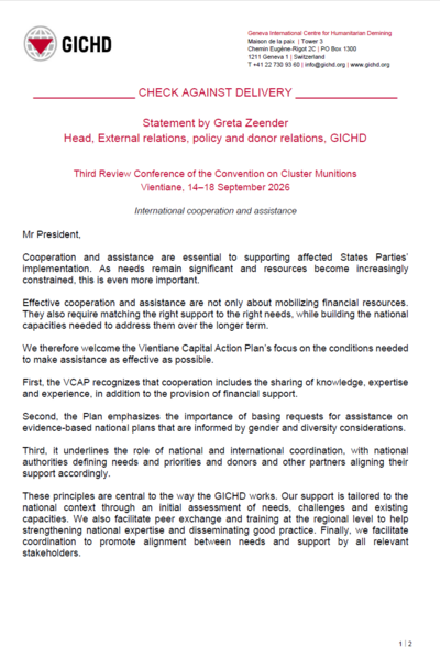 Third Review Conference of the Convention on Cluster Munitions Vientiane, 14–18 September 2026 | Statement by Greta Zeender Head, External relations, policy and donor relations, GICHD