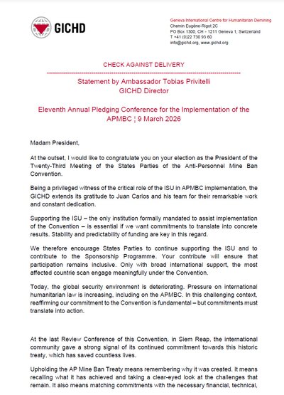 Eleventh Annual Pledging Conference for the Implementation of the APMBC | Statement by Ambassador Tobias Privitelli GICHD Director