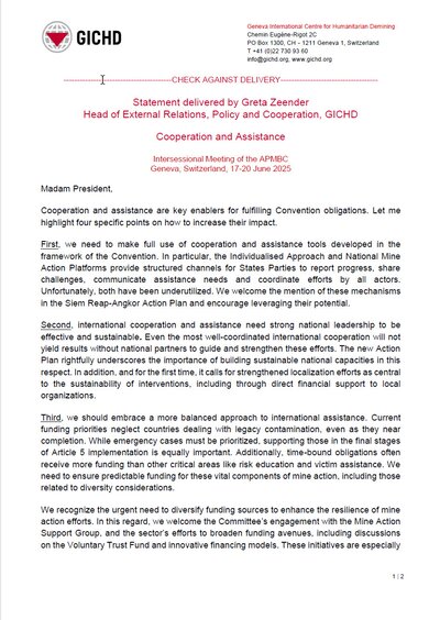 Statement delivered by Greta Zeender, Head of External Relations, Policy and Cooperation, GICHD | Cooperation and Assistance, Intersessional Meeting of the APMBC, Geneva, 17-20 June 2025