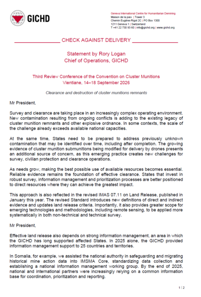 Third Review Conference of the Convention on Cluster Munitions Vientiane, 14–18 September 2026 | Statement by Rory Logan Chief of Operations, GICHD