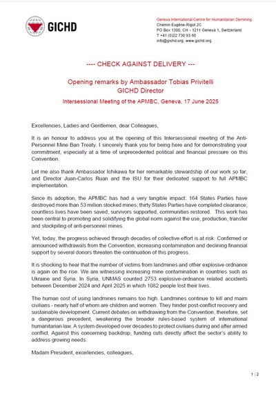 Opening remarks by Ambassador Tobias Privitelli GICHD Director | Intersessional Meeting of the APMBC, Geneva, 17 June 2025