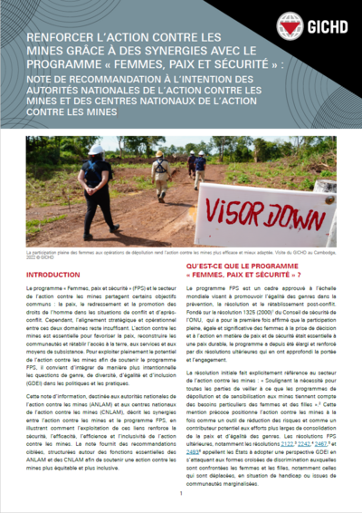 Renforcer l’action contre les mines grâce à des synergies avec le programme « femmes, paix et sécurité » : Note de recommandation à l’intention des autorités nationales de l’action contre les mines et des centres nationaux de l’action contre les mines