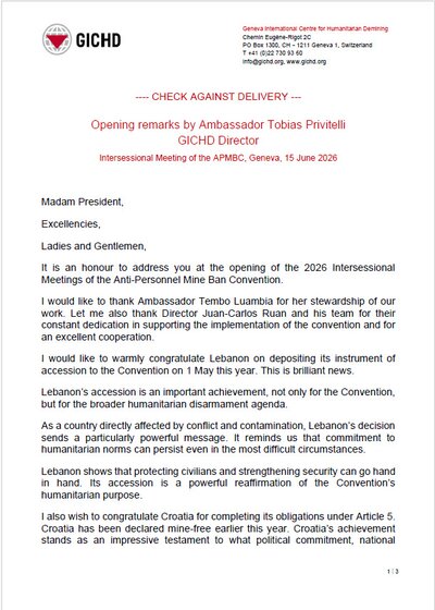 Opening remarks by Ambassador Tobias Privitelli GICHD Director | Intersessional Meeting of the APMBC, Geneva, 15 June 2026