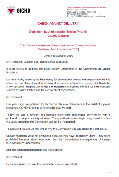 Third Review Conference of the Convention on Cluster Munitions Vientiane, 14–18 September 2026 | Statement by Ambassador Tobias Privitelli, GICHD Director