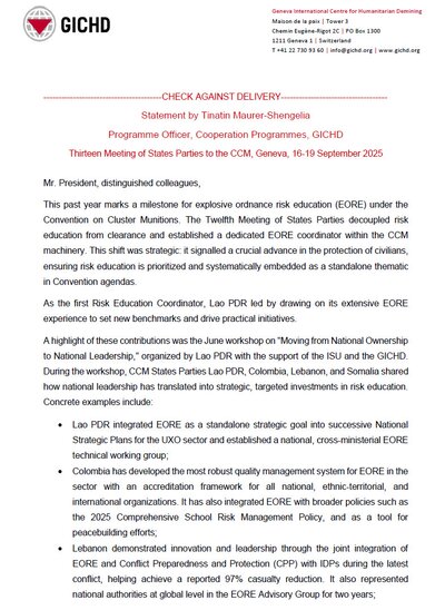 Thirteen Meeting of States Parties to the CCM, Geneva, 16-19 September 2025 | Statement by Tinatin Maurer-Shengelia