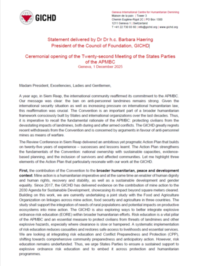 Ceremonial opening of the Twenty-second Meeting of the States Parties of the APMBC by Dr Dr h.c. Barbara Haering President of the Council of Foundation, GICHD