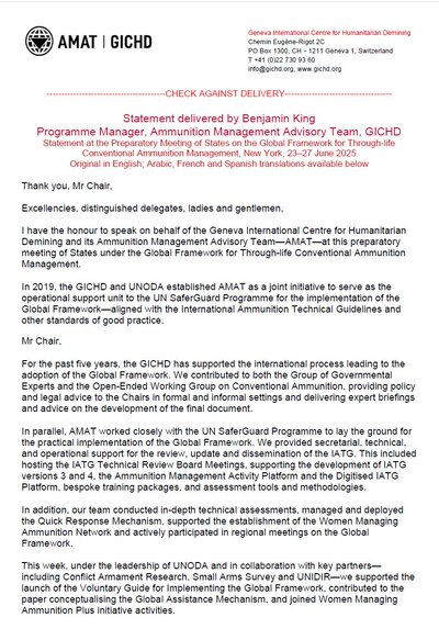 Statement at the Preparatory Meeting of States on the Global Framework for Through-life Conventional Ammunition Management, New York, 23–27 June 2025 | by Benjamin King Programme Manager, Ammunition Management Advisory Team, GICHD