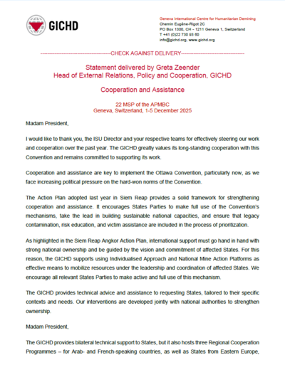 22 MSP of the APMBC, Geneva, Switzerland, 1-5 December 2025 | Statement delivered by Greta Zeender Head of External Relations, Policy and Cooperation, GICHD, Cooperation and Assistance