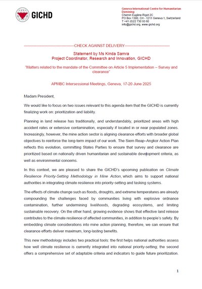“Matters related to the mandate of the Committee on Article 5 Implementation – Survey and clearance” | APMBC Intersessional Meetings, Geneva, 17-20 June 2025