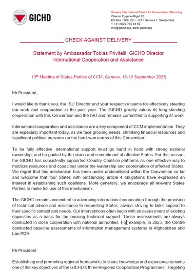 Statement by Ambassador Tobias Privitelli, GICHD Director International Cooperation and Assistance | 13th Meeting of States Parties of CCM, Geneva, 16-19 September 2025