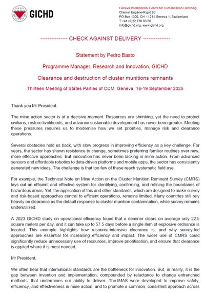 Clearance and destruction of cluster munitions remnants | Statement by Pedro Basto,Programme Manager, Research and Innovation, GICHD