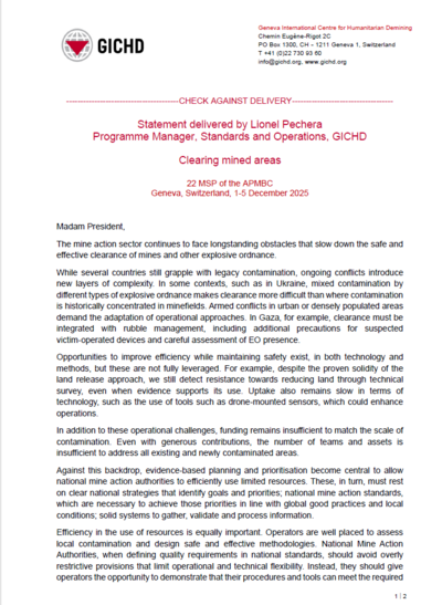 22 MSP of the APMBC Geneva, Switzerland, 1-5 December 2025 | Statement delivered by Lionel Pechera Programme Manager, Standards and Operations, GICHD, Clearing mined areas