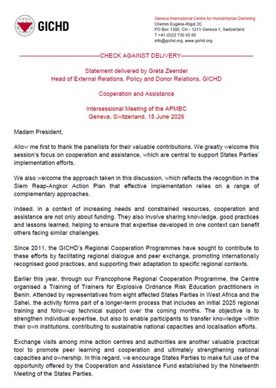 Statement delivered by Greta Zeender Head of External Relations, Policy and Donor Relations, GICHD Cooperation and Assistance Intersessional Meeting of the APMBC Geneva, Switzerland, 15 June 2026