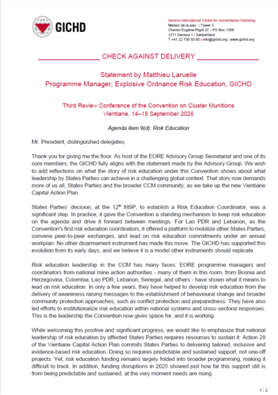 Third Review Conference of the Convention on Cluster Munitions Vientiane, 14–18 September 2026 | Statement by Matthieu Laruelle Programme Manager, Explosive Ordnance Risk Education, GICHD