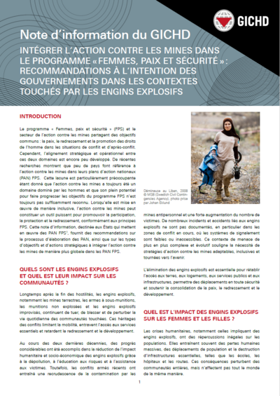 Note d’information du GICHD | Intégrer l’action contre les mines dans le programme « femmes, paix et sécurité » : recommandations à l’intention des gouvernements dans les contextes touchés par les engins explosifs